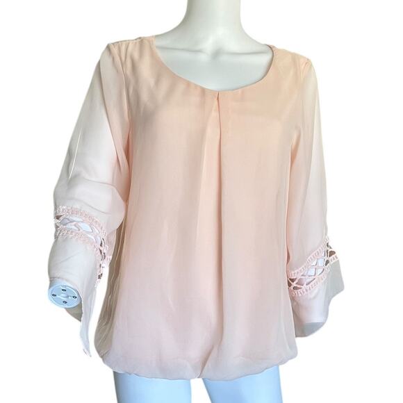 AB Studio Womens medium top sheer pale pink 3/4th bell sleeve chiffon blouse - Picture 1 of 10